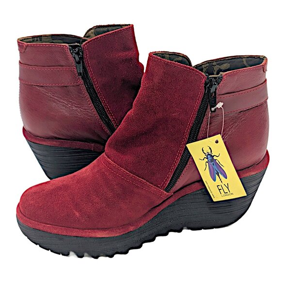 FLY London Suede Ankle Boot Yuro Red - Medium Size EU 38 US 7 to 7.5 Wedge New - Picture 2 of 8